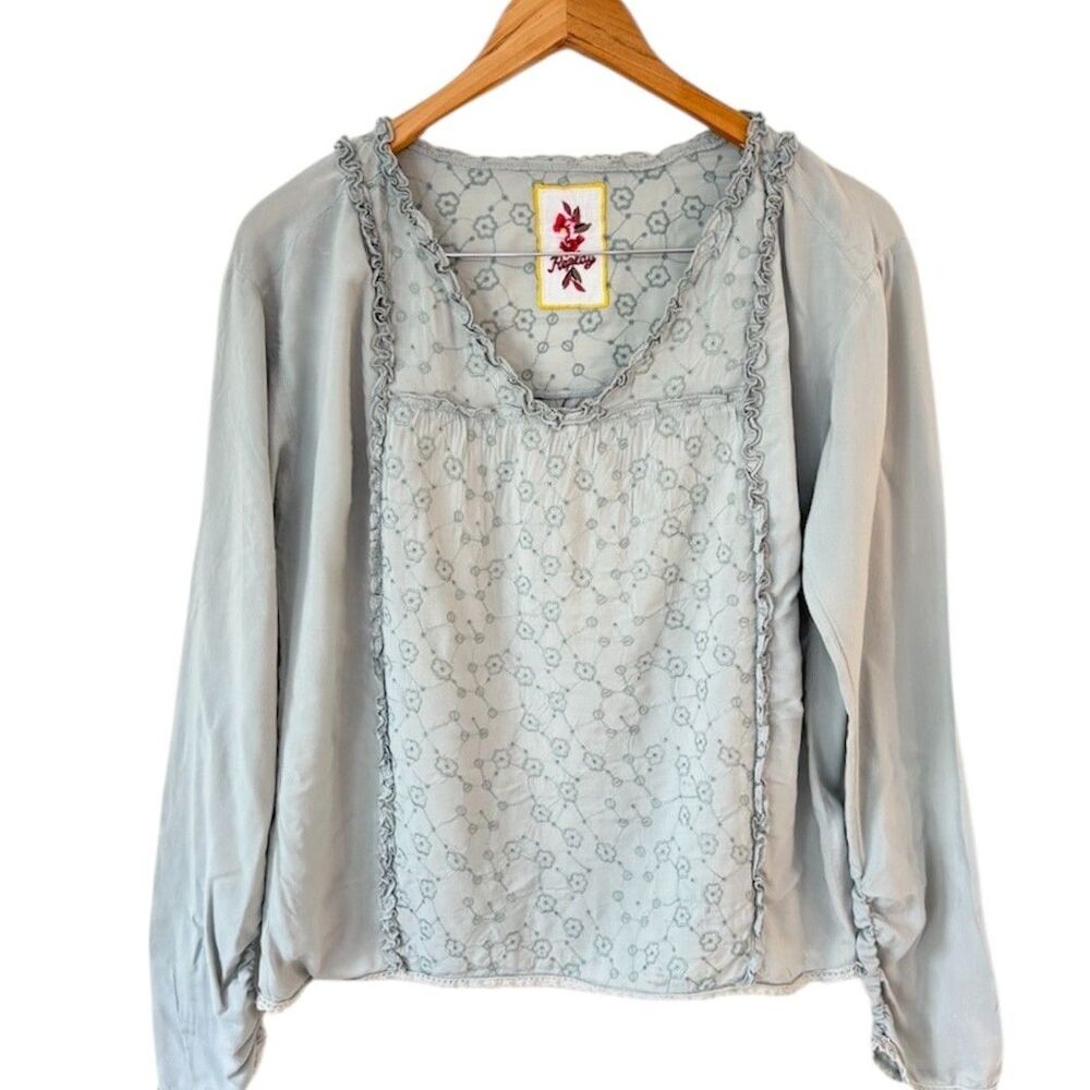 Replay Eyelet Cottagcore Peasant Top Sage Green Womens Sz M Bohemian Lightweight